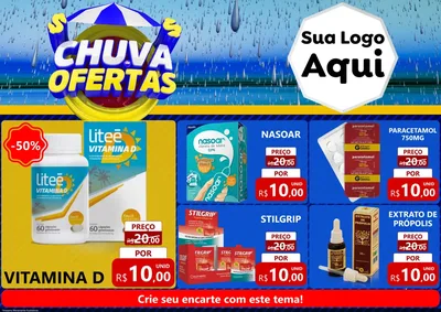 Modelo de Encarte para Encarte A4 Horizontal com o tema Chuva de Ofertas para Farmácia