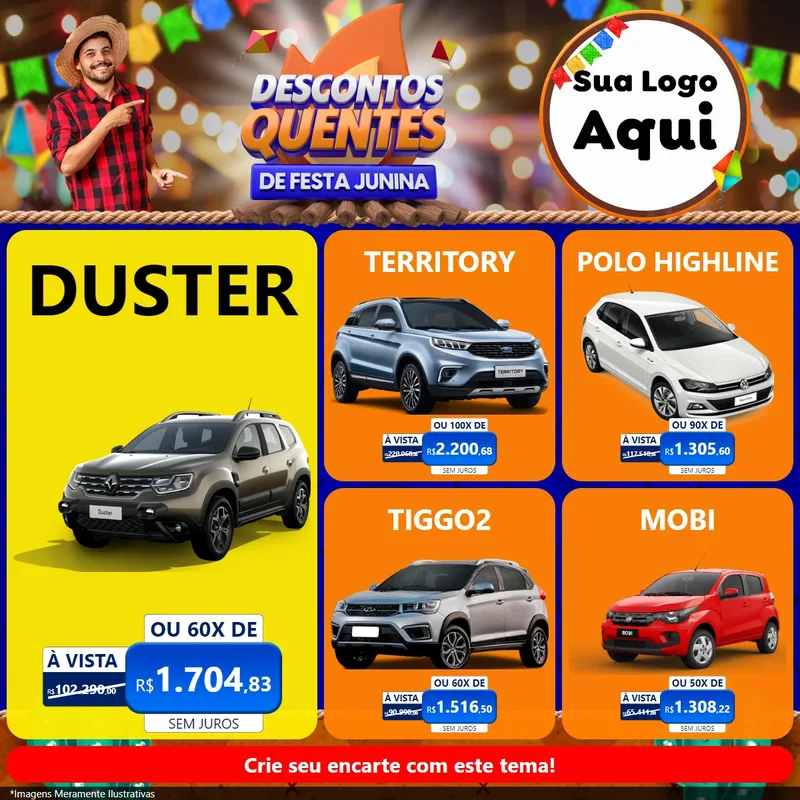 Modelo de Rede Social para Feed Facebook com o tema Descontos Quentes de Festa Junina para Concessionaria de Carros