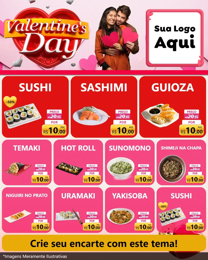 Modelo de Rede Social para Feed Instagram com o tema Valentine's Day para Comida japonesa