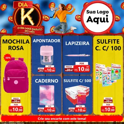 Modelo de Rede Social para Feed Facebook com o tema Dia K - O Dia Mais Barato Do Mês para Papelaria