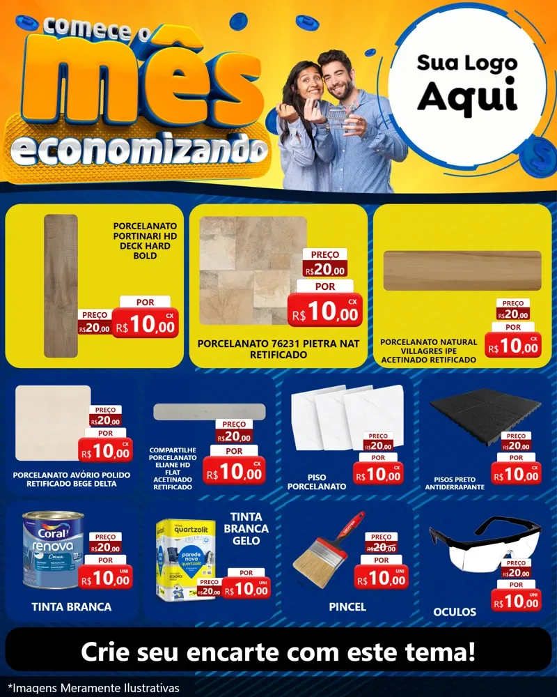 Modelo de Rede Social para Feed Instagram com o tema Comece O Mês Economizando para Pisos e revestimentos