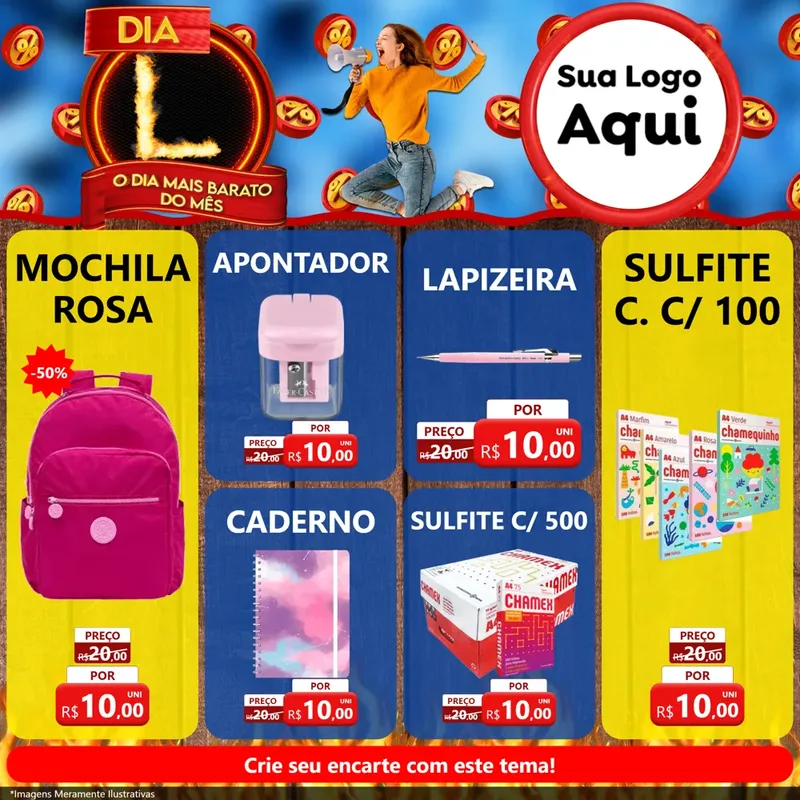 Modelo de Rede Social para Feed Facebook com o tema Dia L - O Dia Mais Barato Do Mês para Papelaria