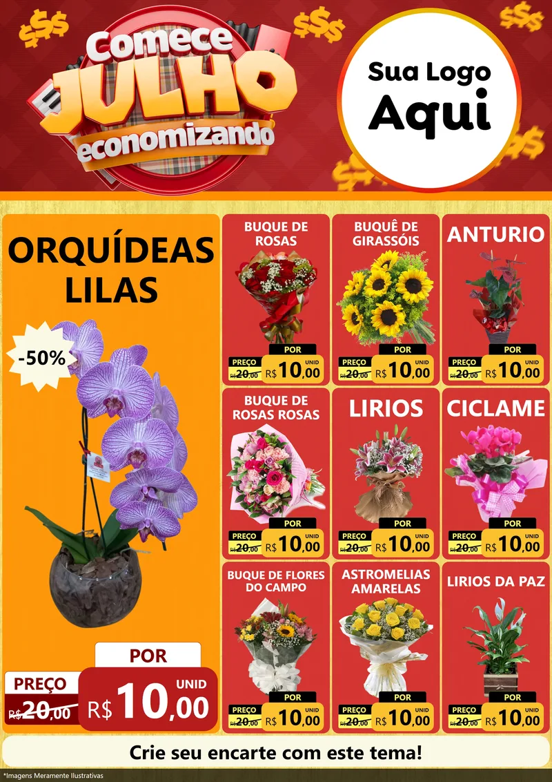 Modelo de Encarte para Encarte A4 Vertical com o tema Comece Julho Economizando para Floricultura e jardim