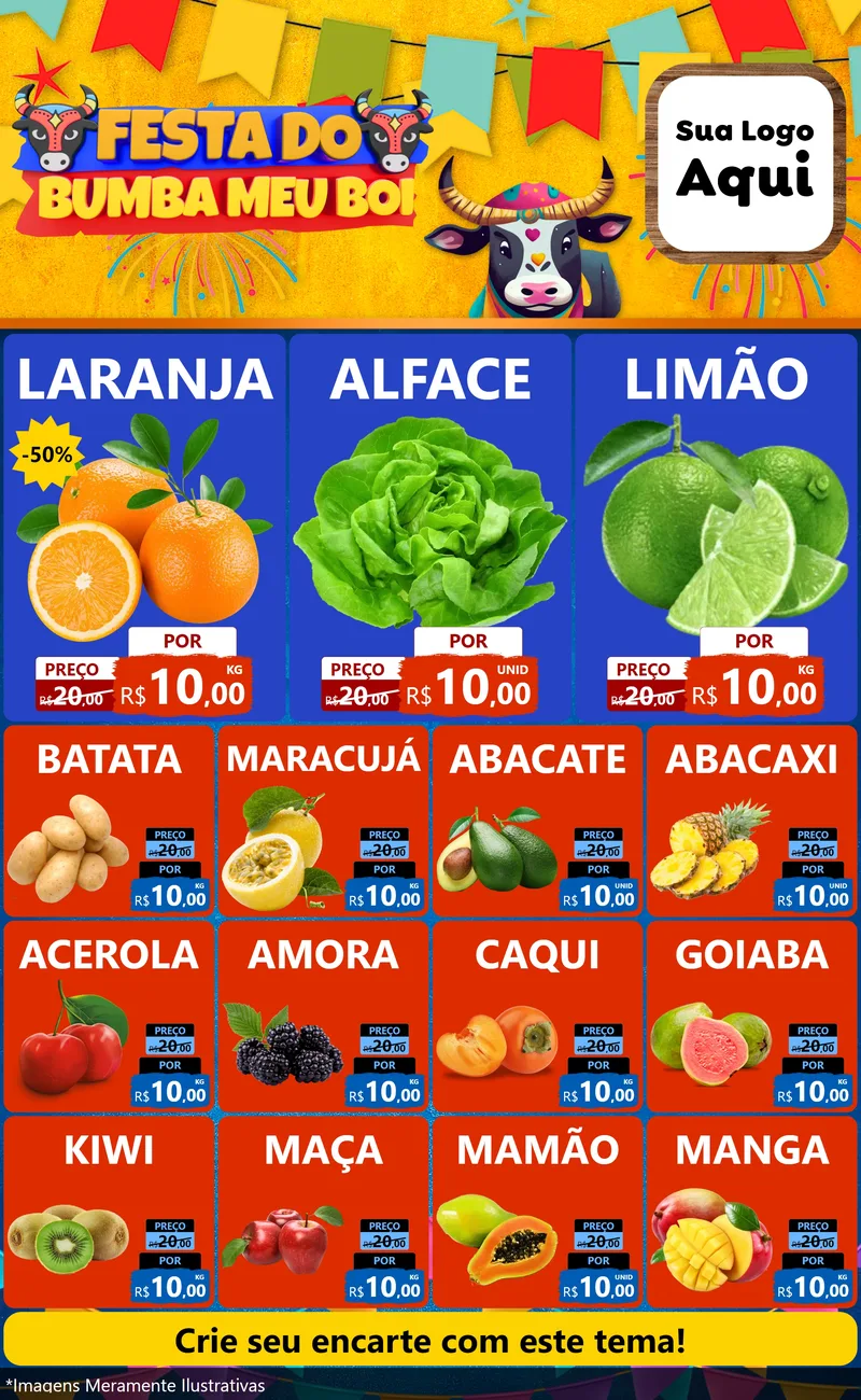 Modelo de Encarte para Encarte Grande com o tema Festa do Bumba Meu Boi para Hortifrúti
