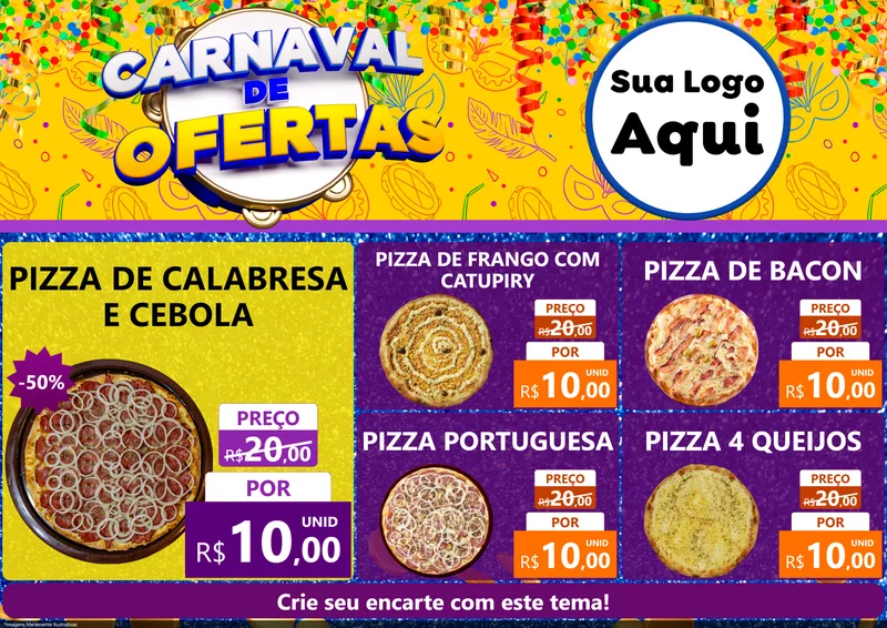 Modelo de Encarte para Encarte A4 Horizontal com o tema Carnaval de Ofertas para Pizzaria