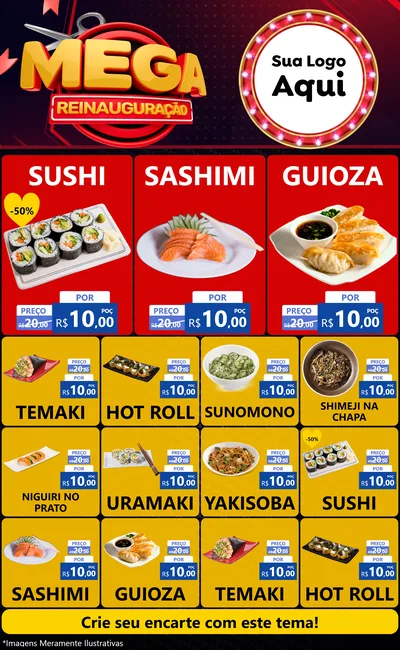 Modelo de Encarte para Encarte Grande com o tema Mega Reinauguração para Comida japonesa