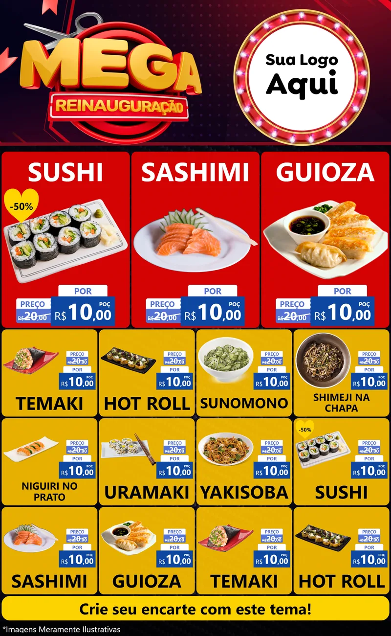 Modelo de Encarte para Encarte Grande com o tema Mega Reinauguração para Comida japonesa