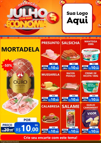 Modelo de Encarte para Encarte A4 Vertical com o tema Operação Julho Com Mais Economia para Frios e Laticínios