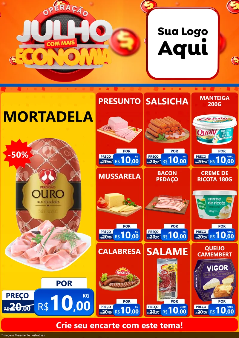 Modelo de Encarte para Encarte A4 Vertical com o tema Operação Julho Com Mais Economia para Frios e Laticínios