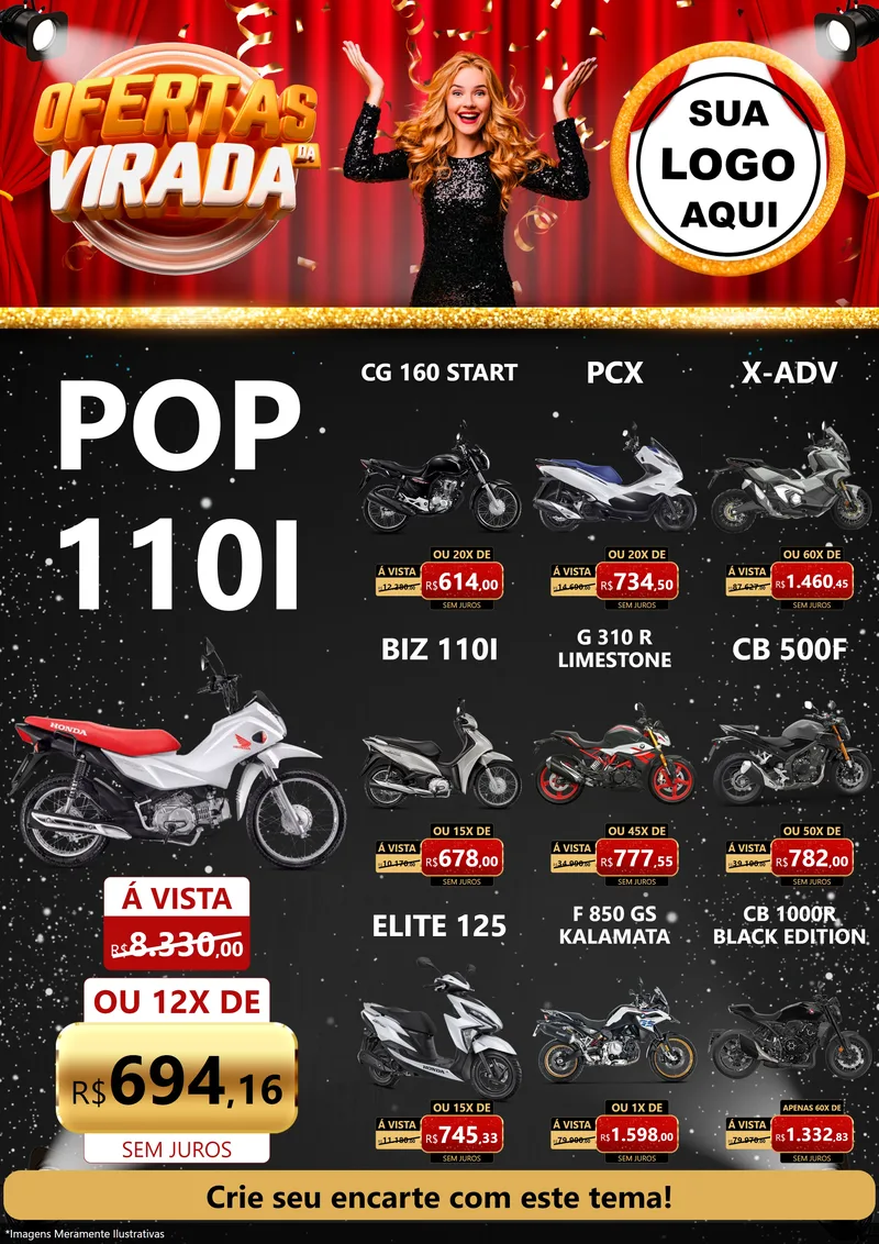 Modelo de Encarte para Encarte A4 Vertical com o tema Ofertas da Virada para Concessionaria de Motos