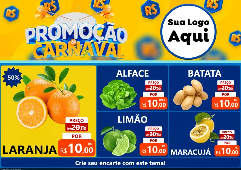 Modelo de Encarte para Encarte A4 Horizontal com o tema Promoção de Carnaval para Hortifrúti