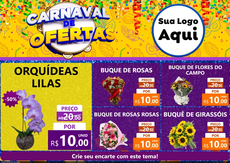 Modelo de Encarte para Encarte A4 Horizontal com o tema Carnaval de Ofertas para Floricultura e jardim