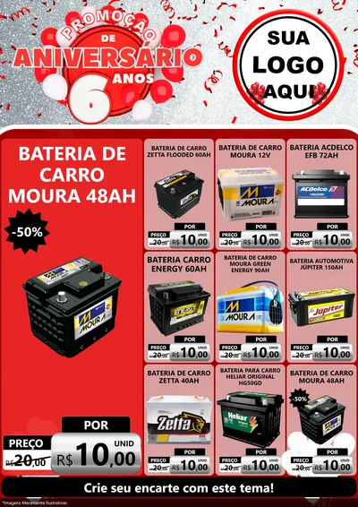 Modelo de Encarte para Encarte A4 Vertical com o tema Promoção de Aniversário - 6 Anos para Baterias Elétricas