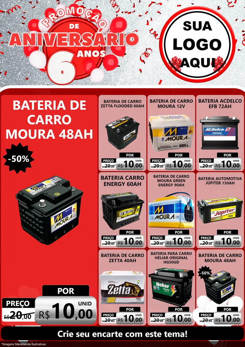 Modelo de Encarte para Encarte A4 Vertical com o tema Promoção de Aniversário - 6 Anos para Baterias Elétricas