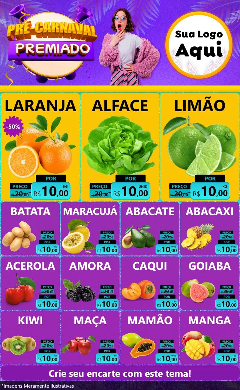 Modelo de Encarte para Encarte Grande com o tema Pré-Carnaval Premiado para Hortifrúti