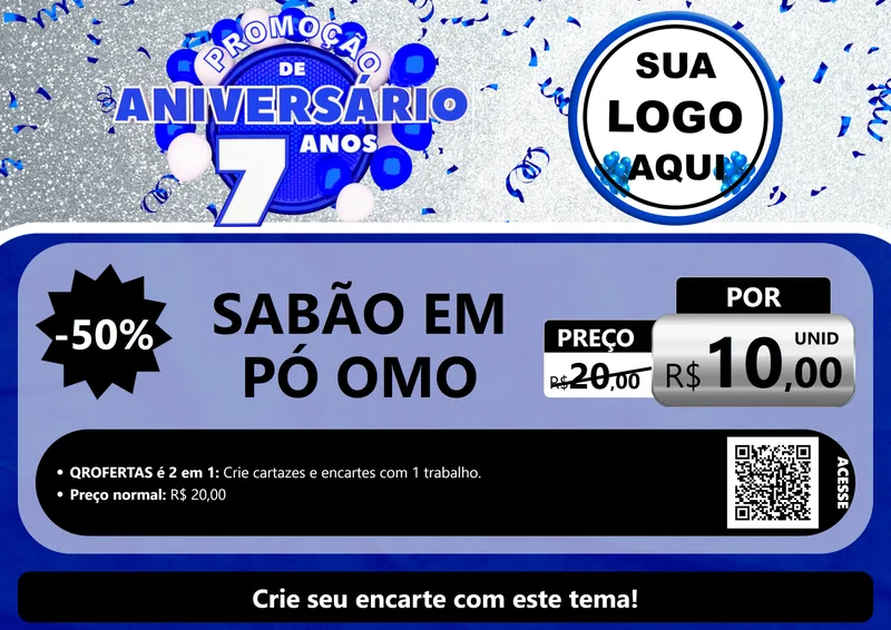 Modelo de Cartaz para Cartaz A4 Horizontal com o tema Promoção de Aniversário - 7 Anos para Produtos de Limpeza