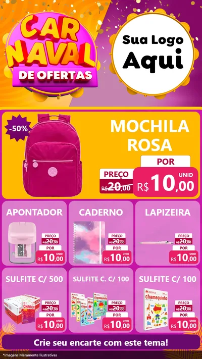 Modelo de Rede Social para Stories com o tema Carnaval de Ofertas para Papelaria