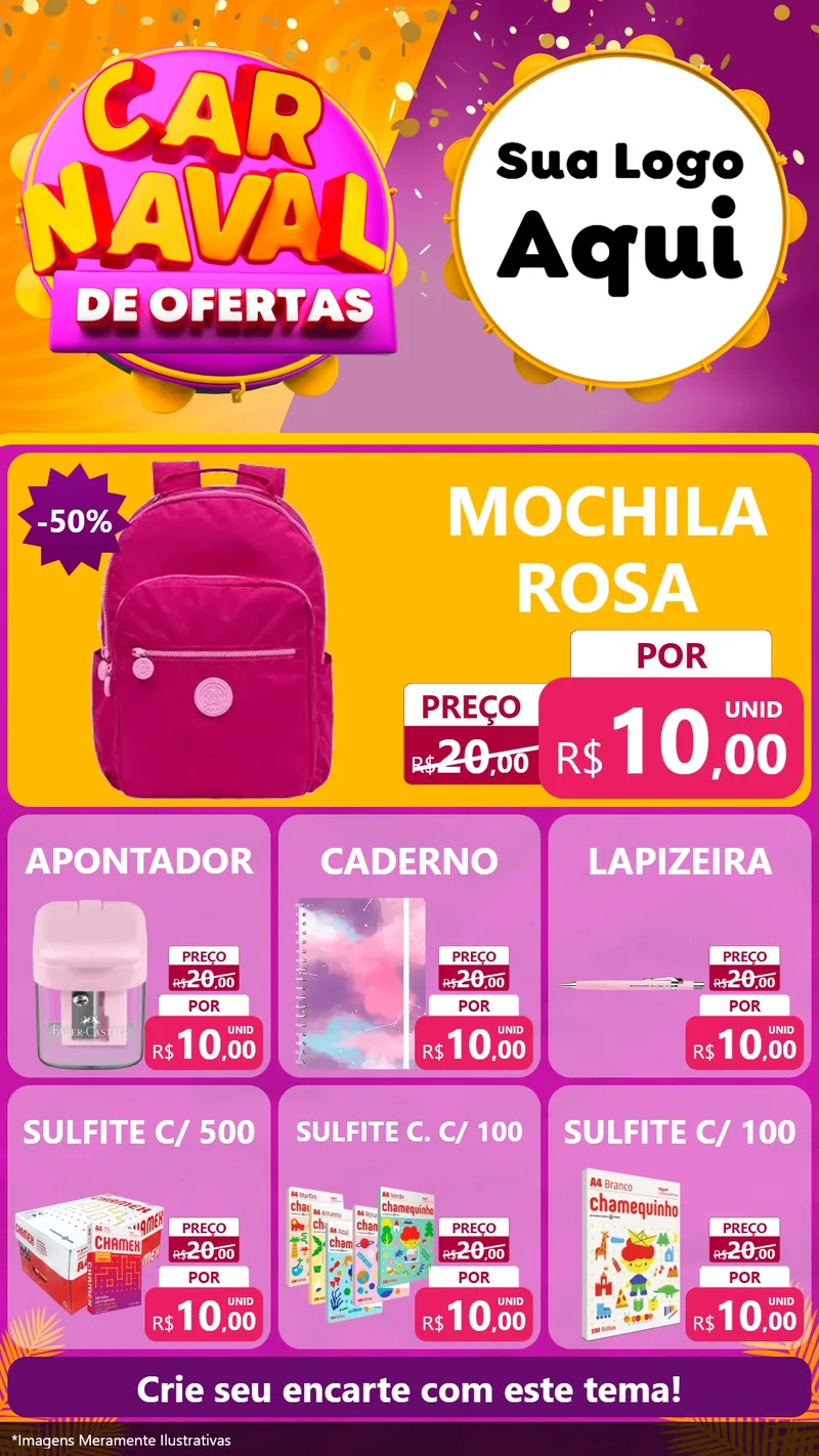 Modelo de Rede Social para Stories com o tema Carnaval de Ofertas para Papelaria