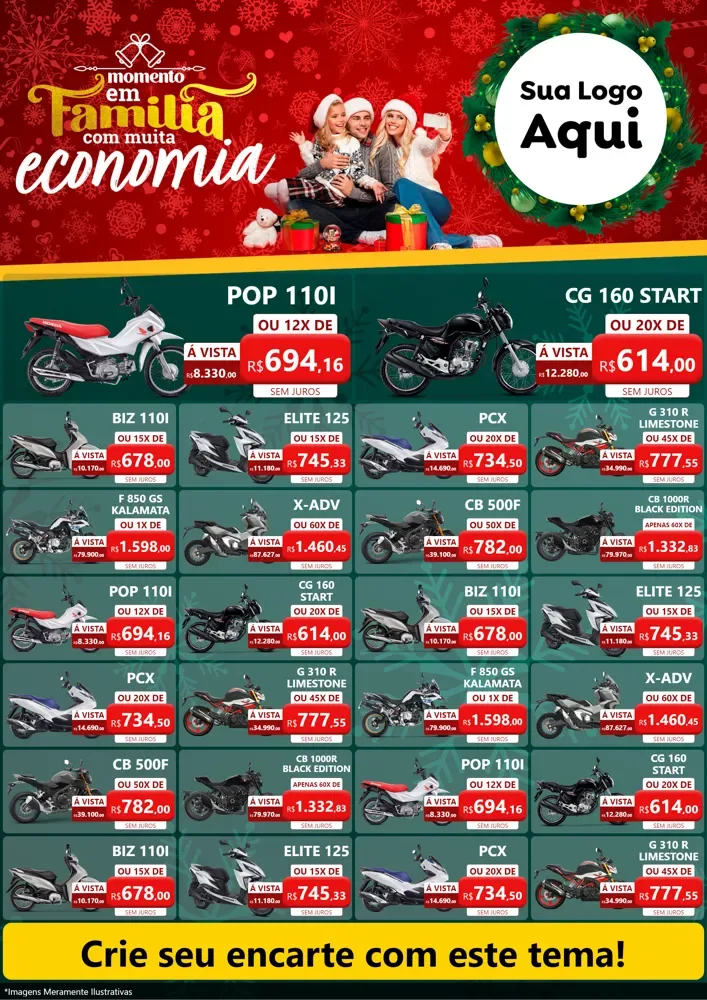 Modelo de Encarte para Encarte A4 Vertical com o tema Momento em Família (Natal) para Concessionaria de Motos