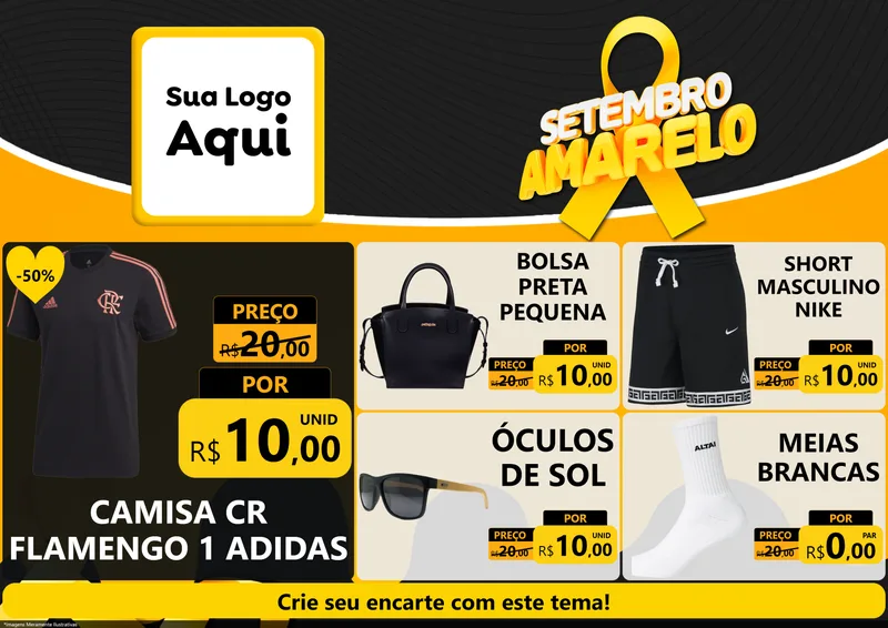 Modelo de Encarte para Encarte A4 Horizontal com o tema Setembro Amarelo para Roupas e acessórios