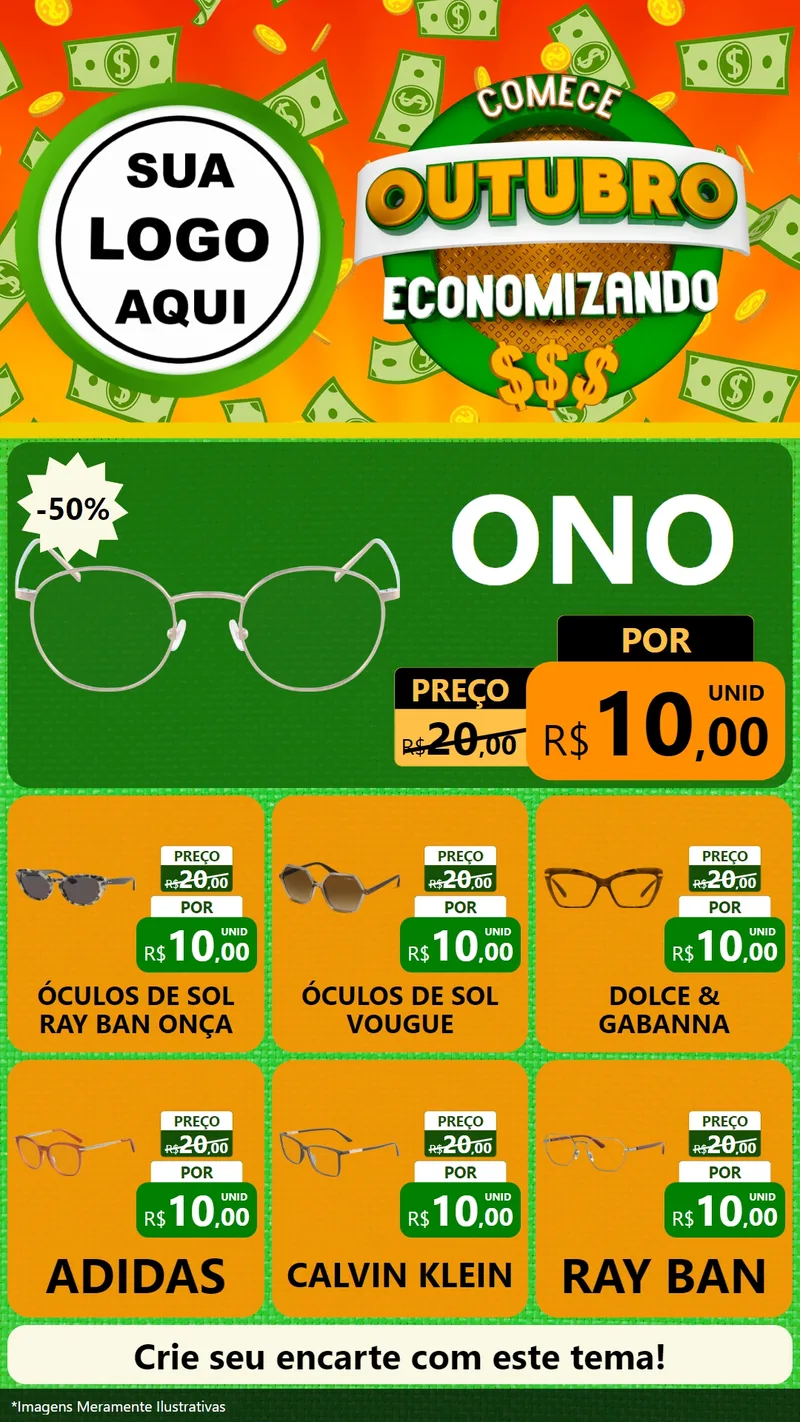 Modelo de Rede Social para Stories com o tema Comece Outubro Economizando para Óticas