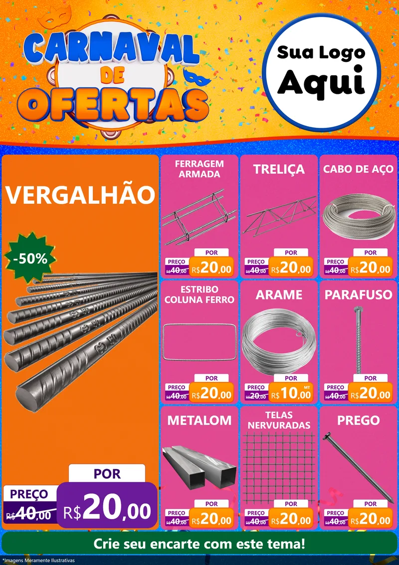 Modelo de Encarte para Encarte A4 Vertical com o tema Carnaval de Ofertas para Ferragens