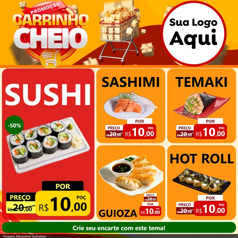 Modelo de Rede Social para Feed Facebook com o tema Promoção carrinho cheio para Comida japonesa