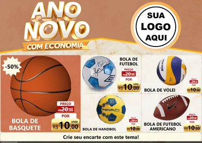 Modelo de Encarte para Encarte A4 Horizontal com o tema Ano Novo Com Economia para Artigos Esportivos