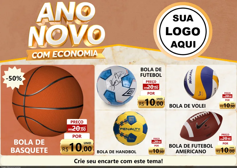 Modelo de Encarte para Encarte A4 Horizontal com o tema Ano Novo Com Economia para Artigos Esportivos