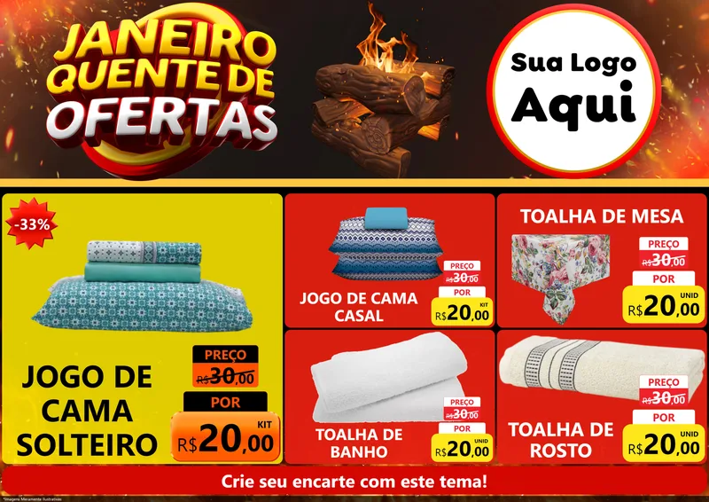 Modelo de Encarte para Encarte A4 Horizontal com o tema Janeiro Quente de Ofertas para Cama, Mesa e Banho