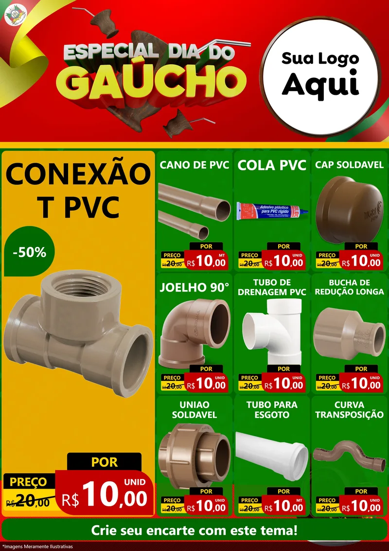 Modelo de Encarte para Encarte A4 Vertical com o tema Especial Dia do Gaúcho para Tubos e conexões