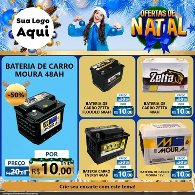 Modelo de Rede Social para Feed Facebook com o tema Ofertas de Natal para Baterias Elétricas