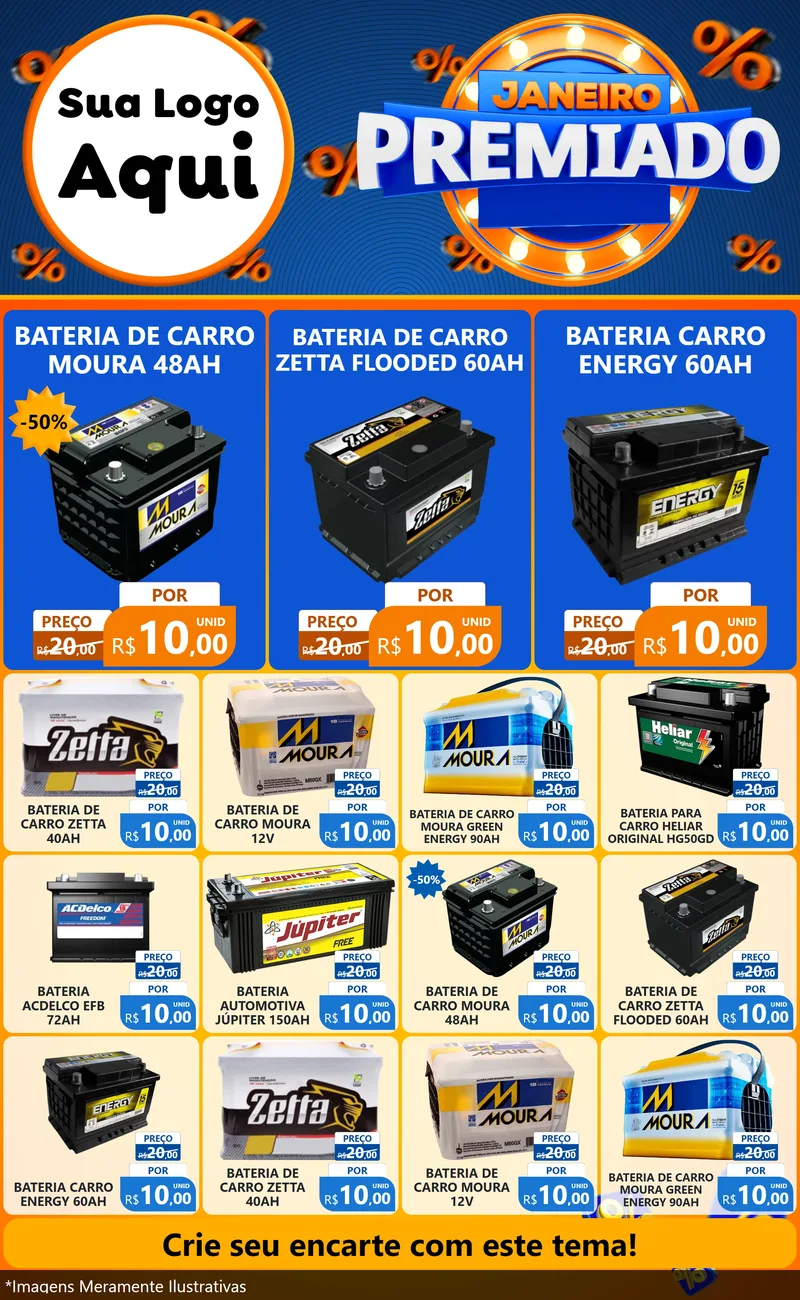 Modelo de Encarte para Encarte Grande com o tema Janeiro Premiado para Baterias Elétricas
