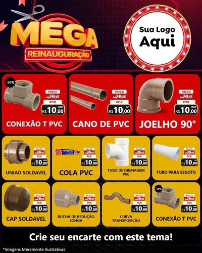 Modelo de Rede Social para Feed Instagram com o tema Mega Reinauguração para Tubos e conexões