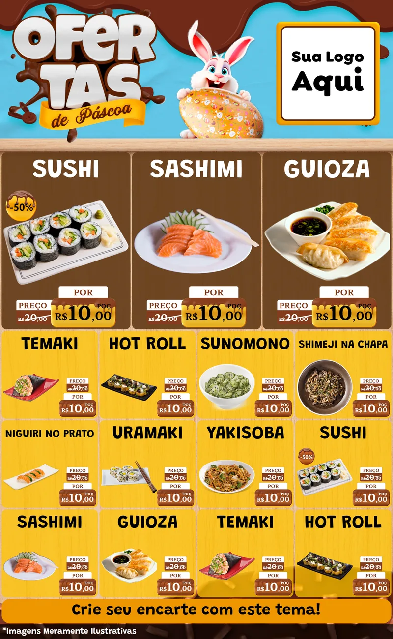 Modelo de Encarte para Encarte Grande com o tema Ofertas de Páscoa para Comida japonesa