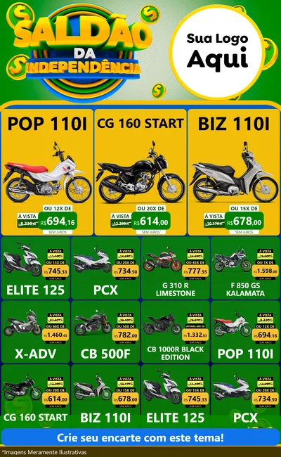 Modelo de Encarte para Encarte Grande com o tema Saldão da Indepêndencia para Concessionaria de Motos