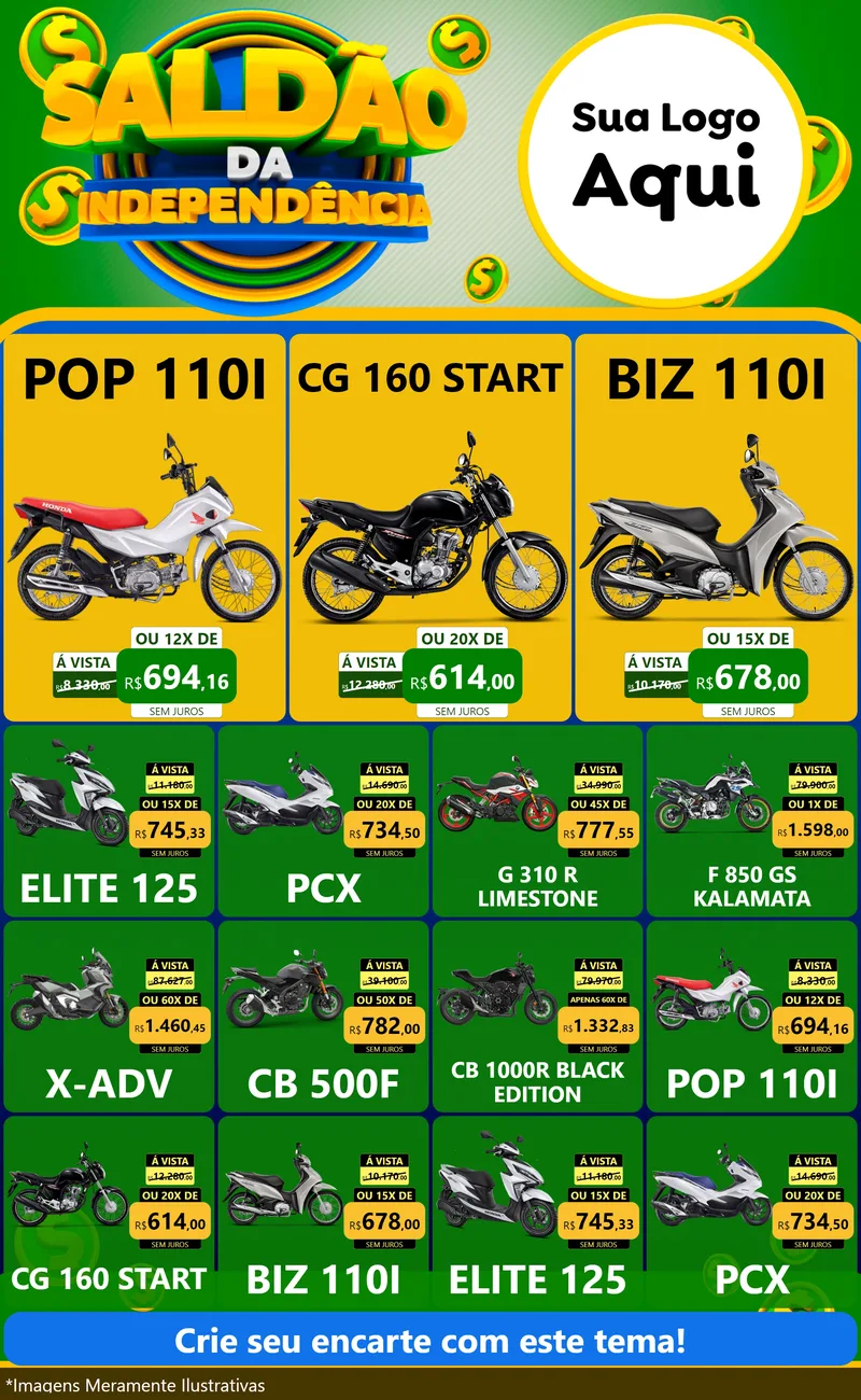 Modelo de Encarte para Encarte Grande com o tema Saldão da Indepêndencia para Concessionaria de Motos