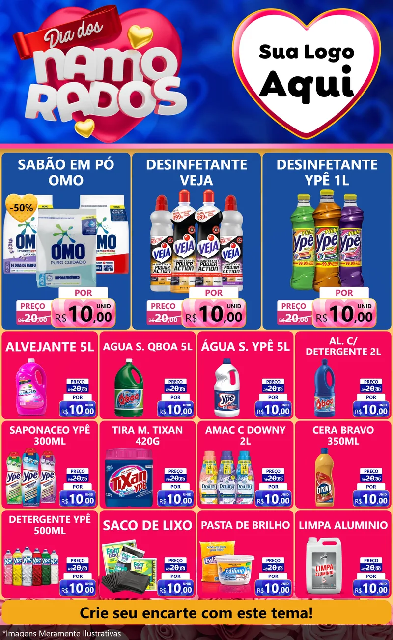 Modelo de Encarte para Encarte Grande com o tema Dia dos namorados para Produtos de Limpeza