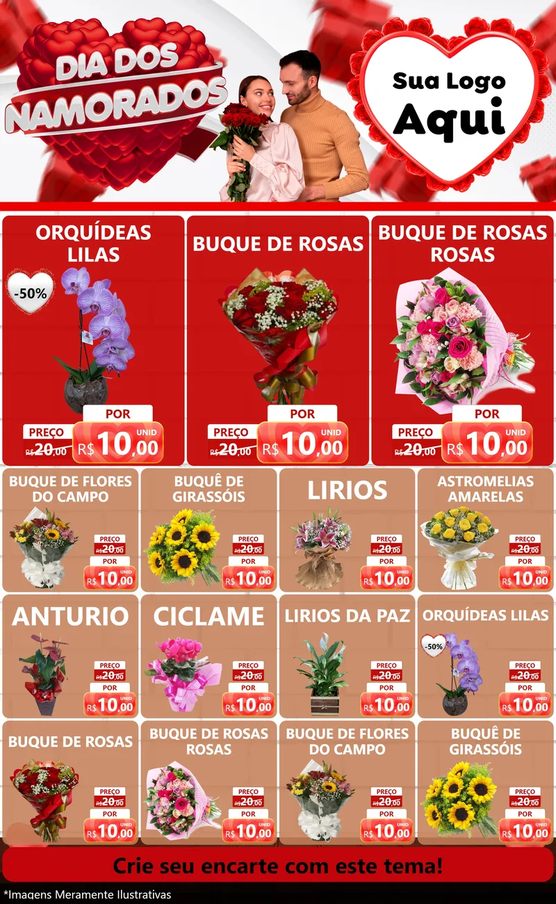 Modelo de Encarte para Encarte Grande com o tema Dia dos Namorados para Floricultura e jardim
