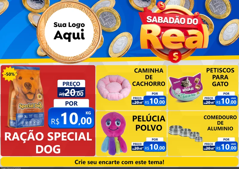 Modelo de Encarte para Encarte A4 Horizontal com o tema Sabadão do Real para Pet Shop