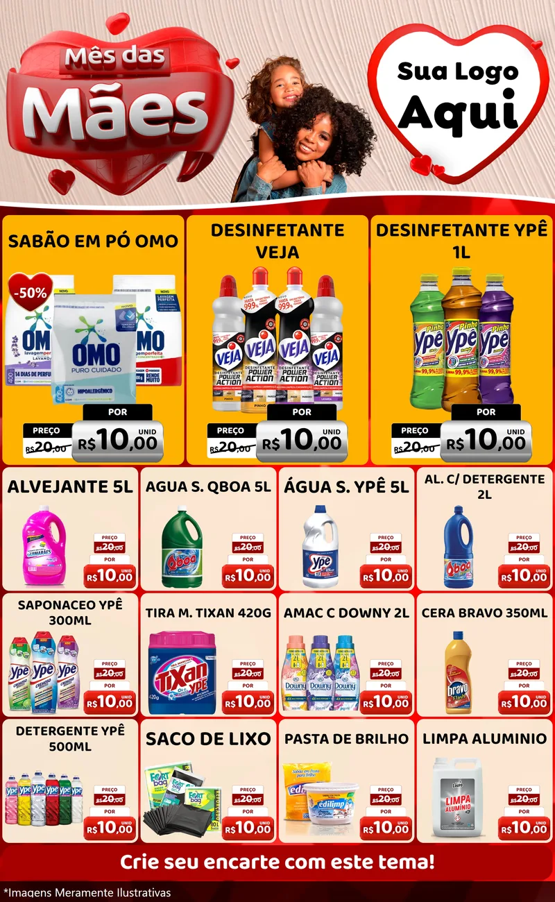 Modelo de Encarte para Encarte Grande com o tema Mês das Mães para Produtos de Limpeza