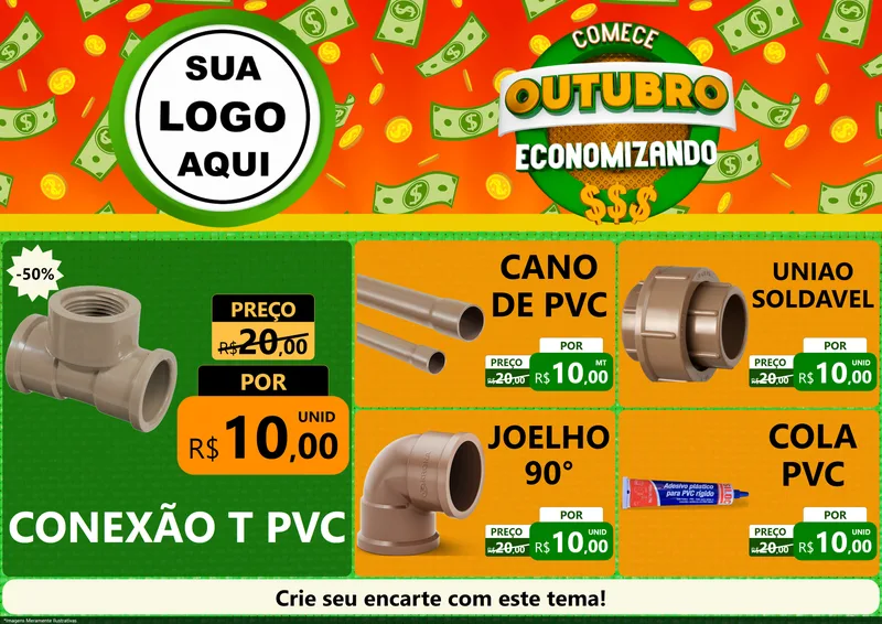 Modelo de Encarte para Encarte A4 Horizontal com o tema Comece Outubro Economizando para Tubos e conexões