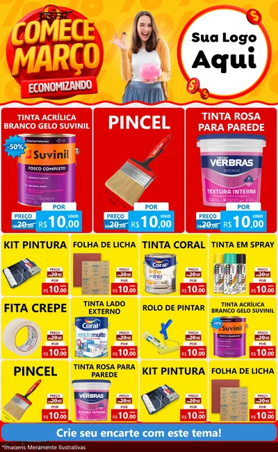 Modelo de Encarte para Encarte Grande com o tema Comece Março Economizando para Tintas e Ferramentas