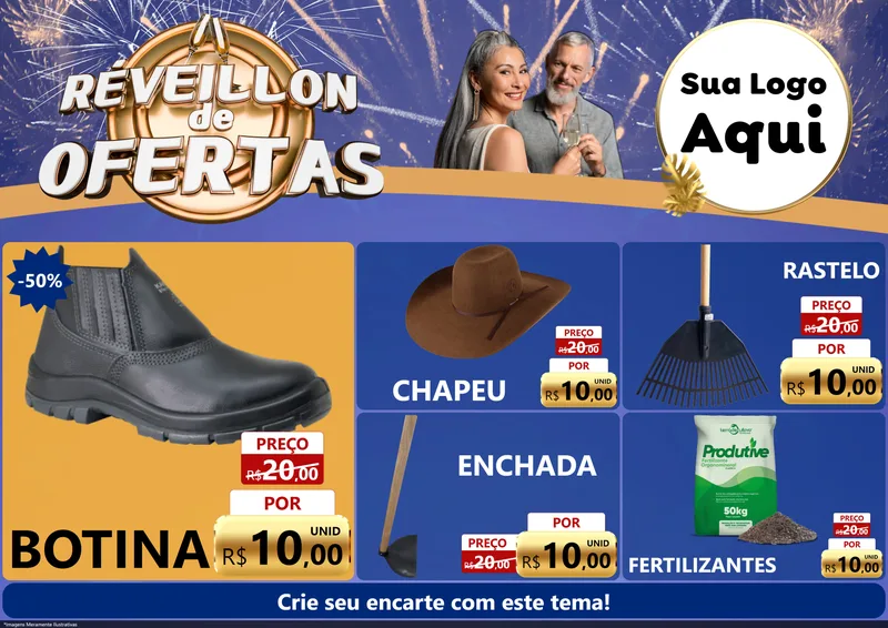 Modelo de Encarte para Encarte A4 Horizontal com o tema Réveillon de Ofertas para Agropecuária