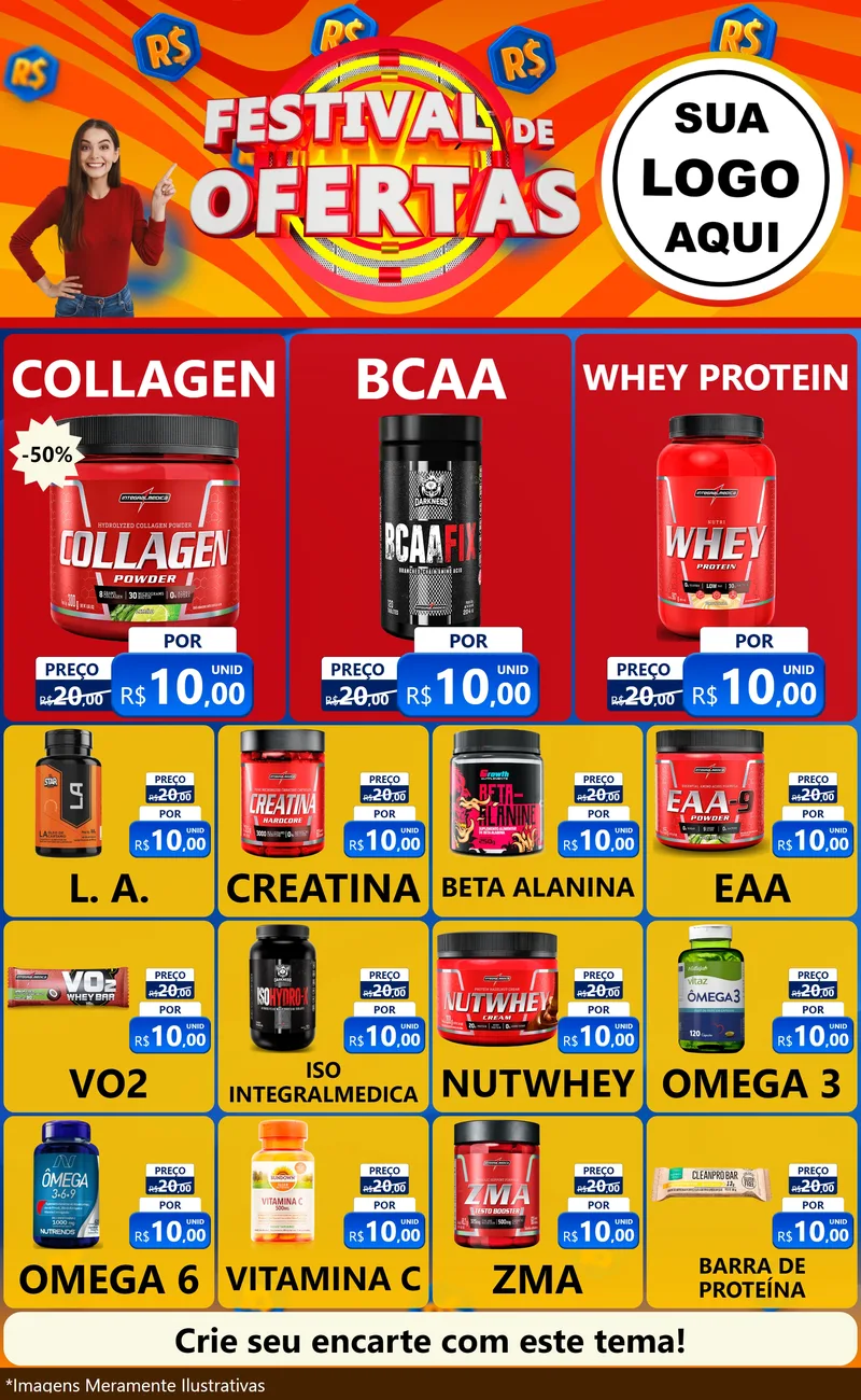 Modelo de Encarte para Encarte Grande com o tema Festival de Ofertas para Suplementos alimentares
