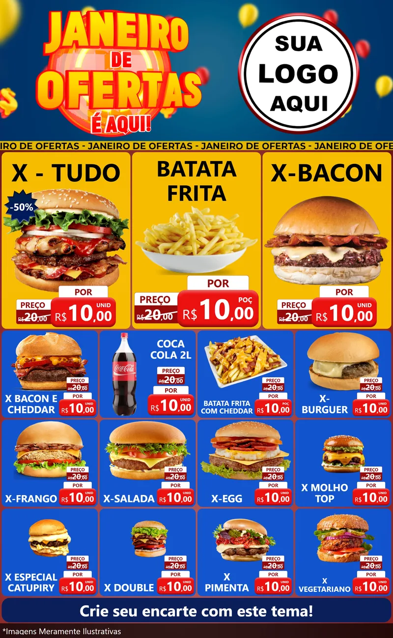 Modelo de Encarte para Encarte Grande com o tema Janeiro de Ofertas É Aqui! para Hamburgueria