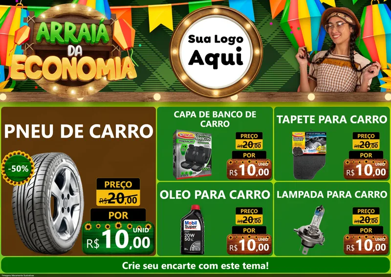Modelo de Encarte para Encarte A4 Horizontal com o tema Arraiá de Economia para Auto peças