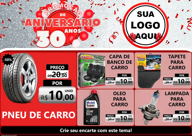 Modelo de Encarte para Encarte A4 Horizontal com o tema Promoção de Aniversário - 30 Anos para Auto peças
