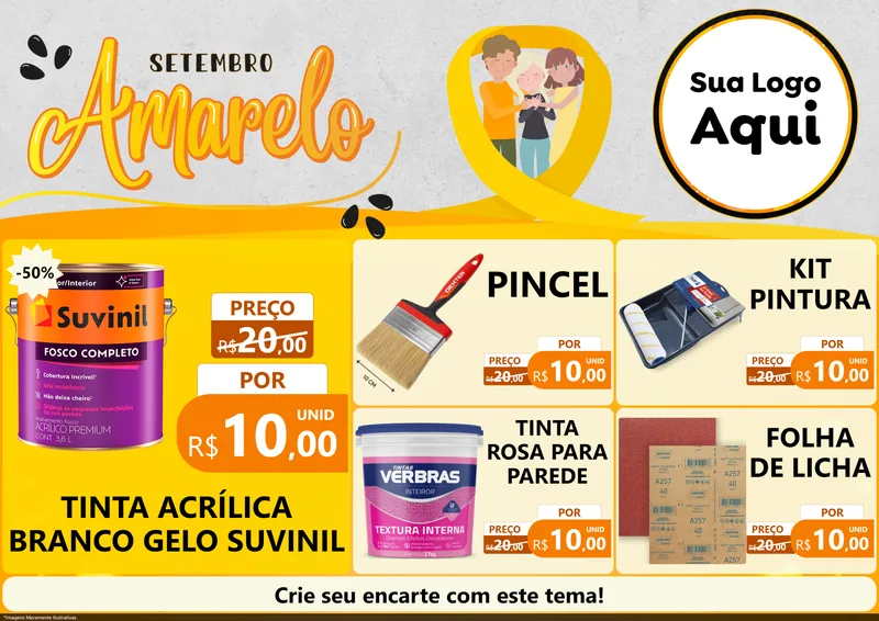 Modelo de Encarte para Encarte A4 Horizontal com o tema Setembro Amarelo para Tintas e Ferramentas