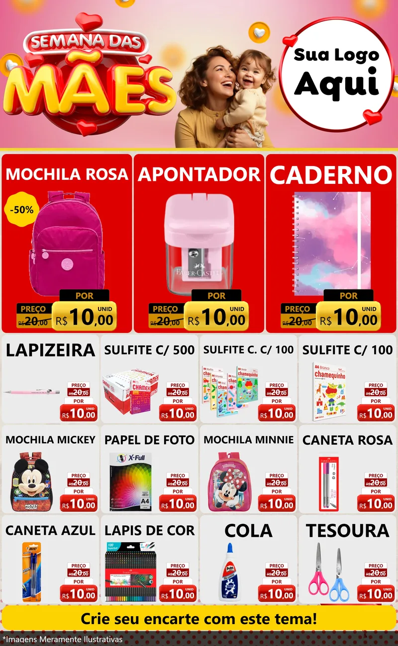 Modelo de Encarte para Encarte Grande com o tema Semana das Mães para Papelaria